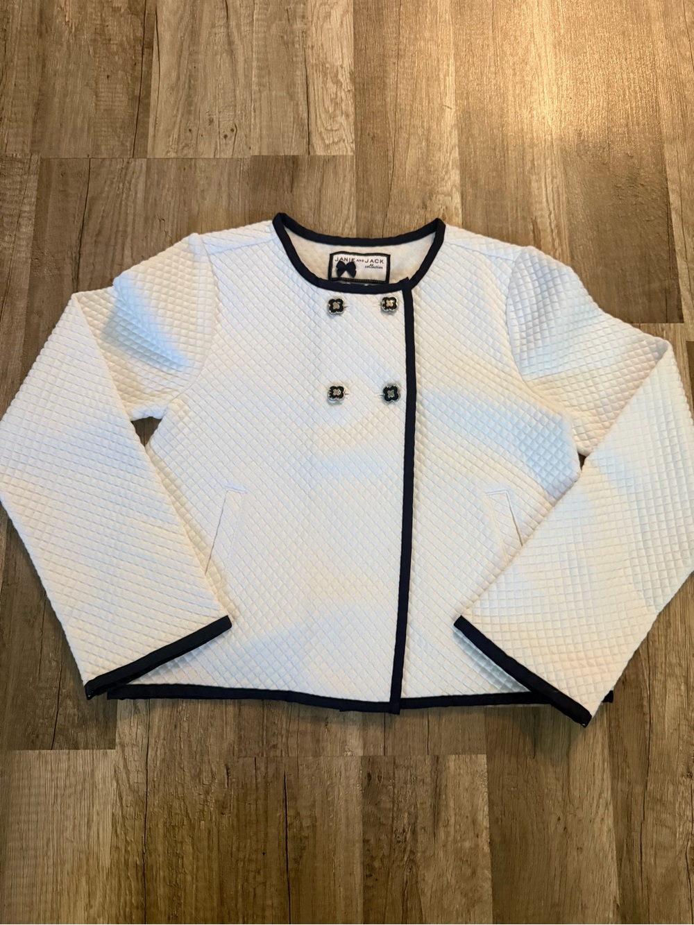 Janie and Jack White Quilted Jacket with Navy Trim